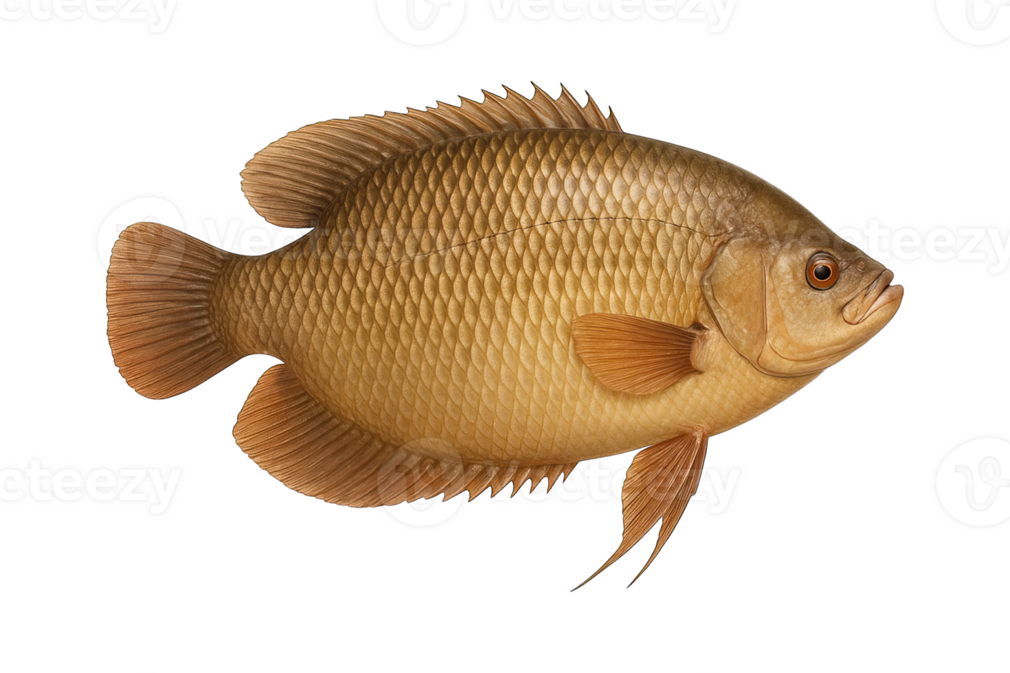 Side view of gourami fish with golden scales isolated on transparent background, png