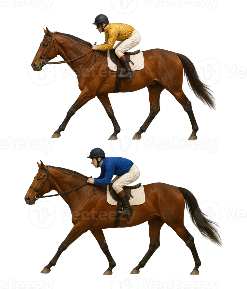 Two jockeys riding brown horses in racing pose isolated on transparent background, png