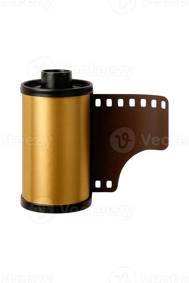 Retro Film Roll Canister with Unrolled Film Strip Isolated on Transparent Background, png