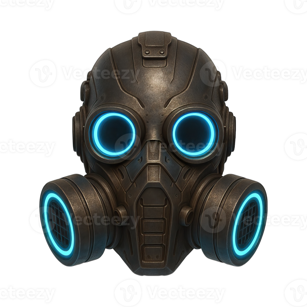 Cyberpunk Gas Mask Helmet with Blue Light Isolated on Transparent Background, png
