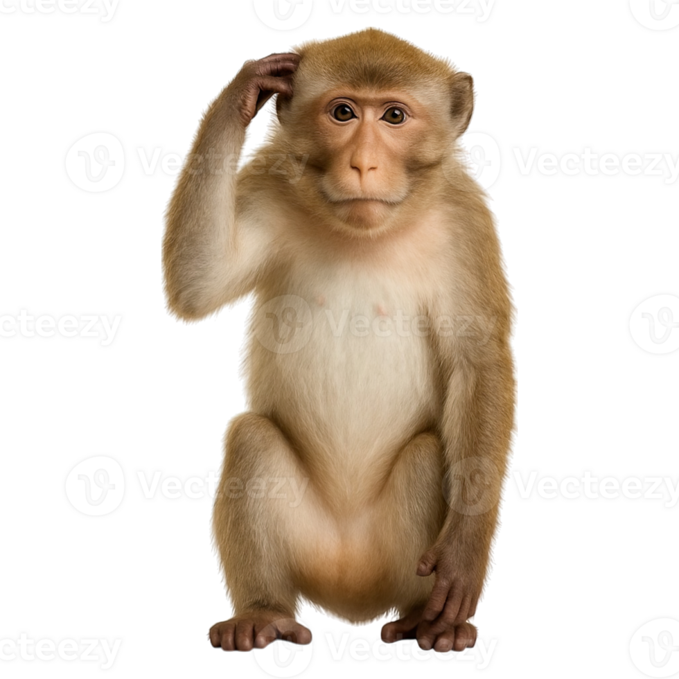 Realistic monkey scratching head front view isolated on transparent background, png