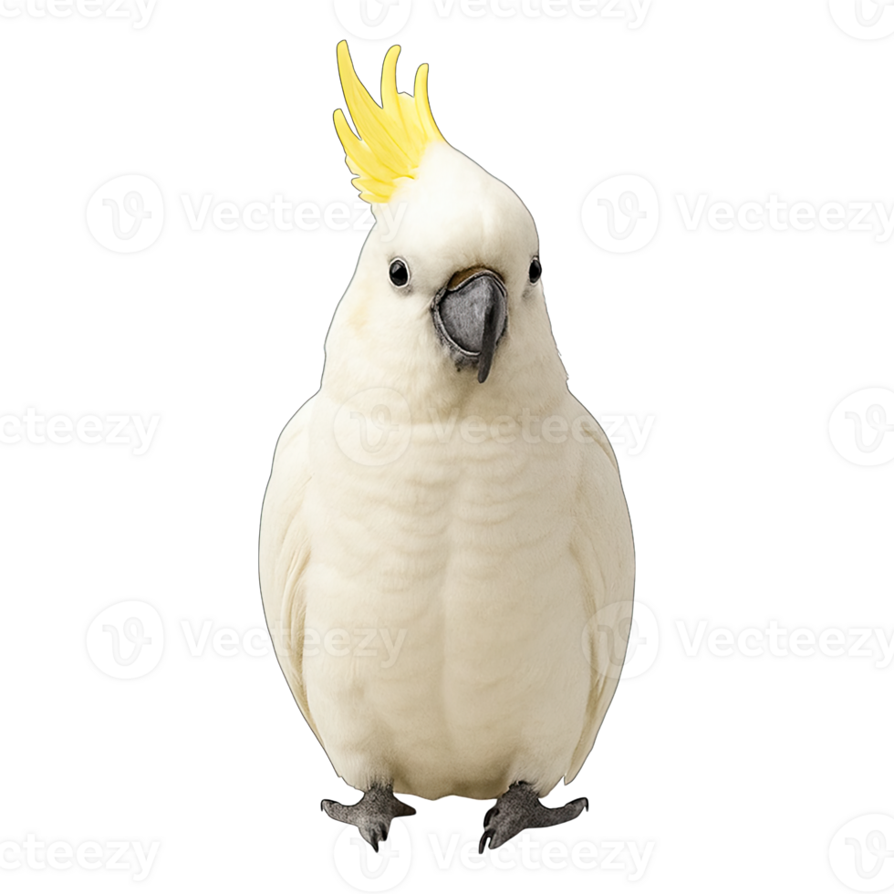 White cockatoo front view with yellow crest isolated on transparent background, png