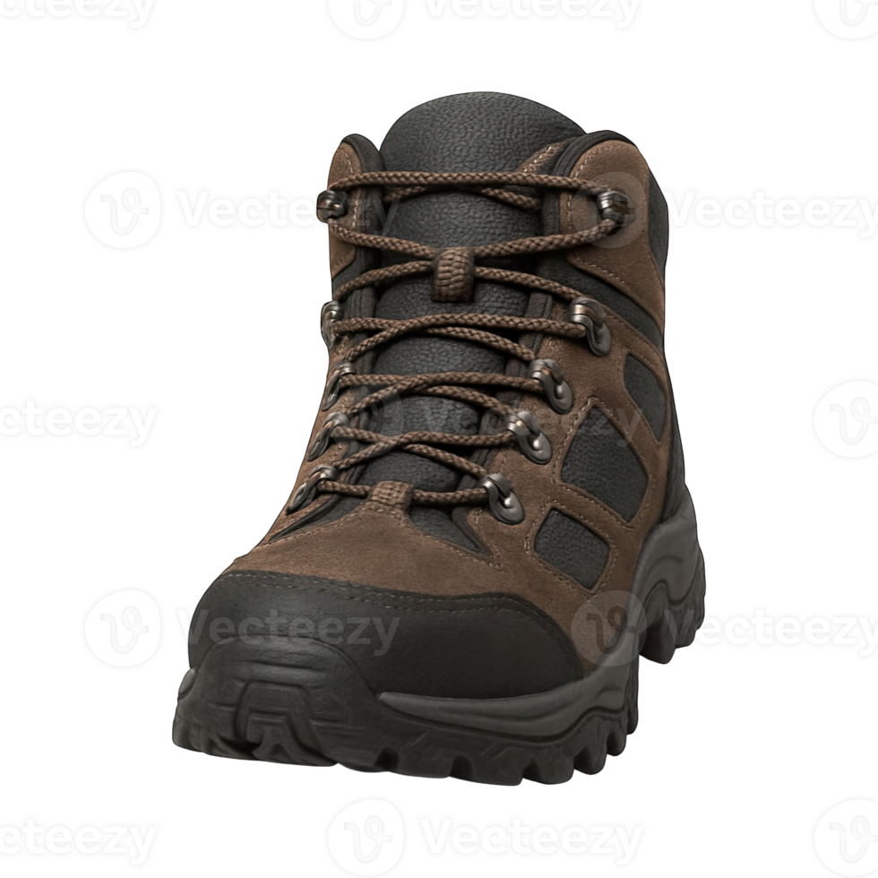 Brown hiking boot front view isolated on transparent background, png