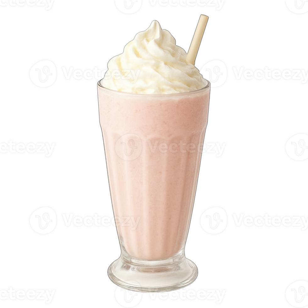 Strawberry milkshake with whipped cream isolated on transparent background, png