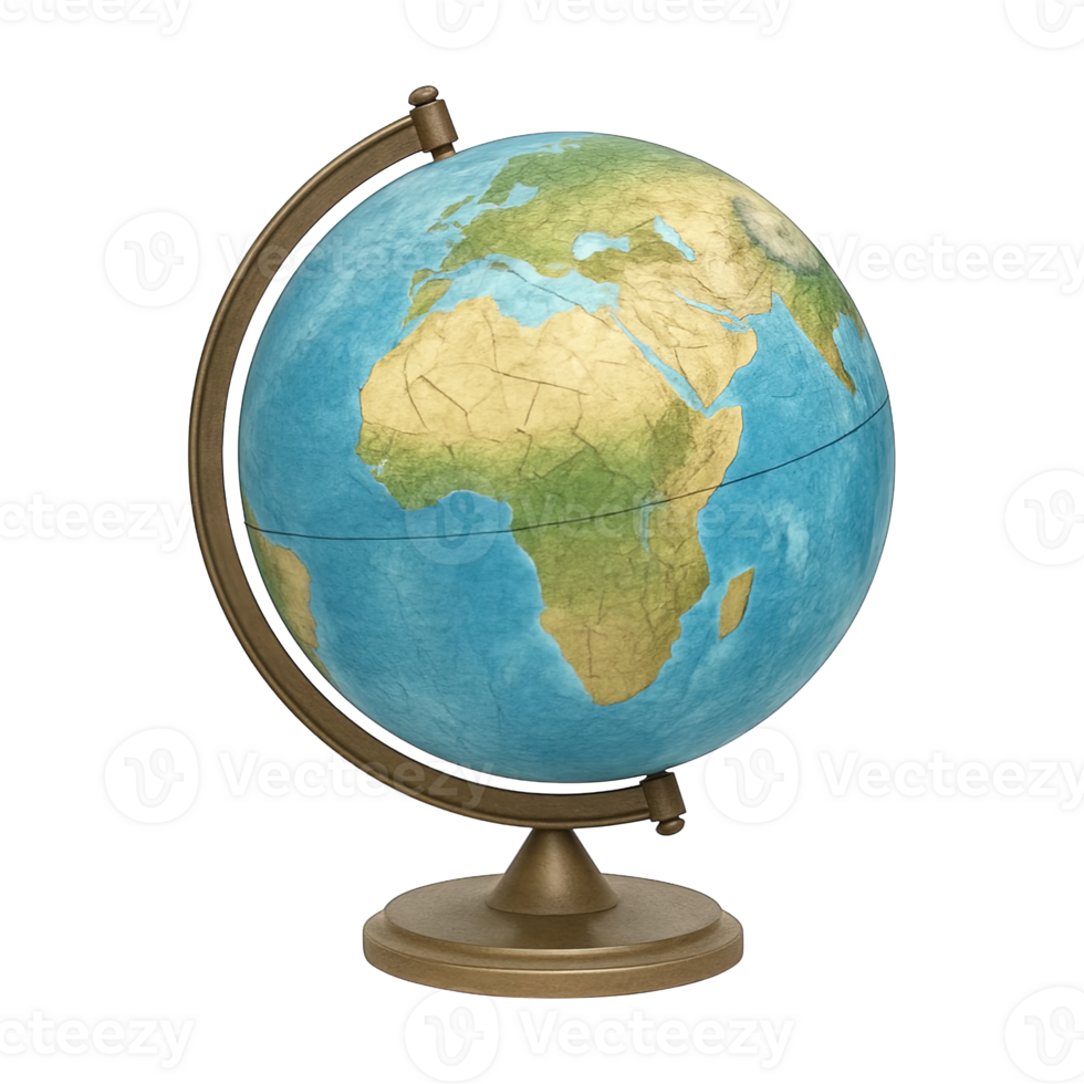 Vintage world globe showing Africa and Europe isolated on transparent background, png