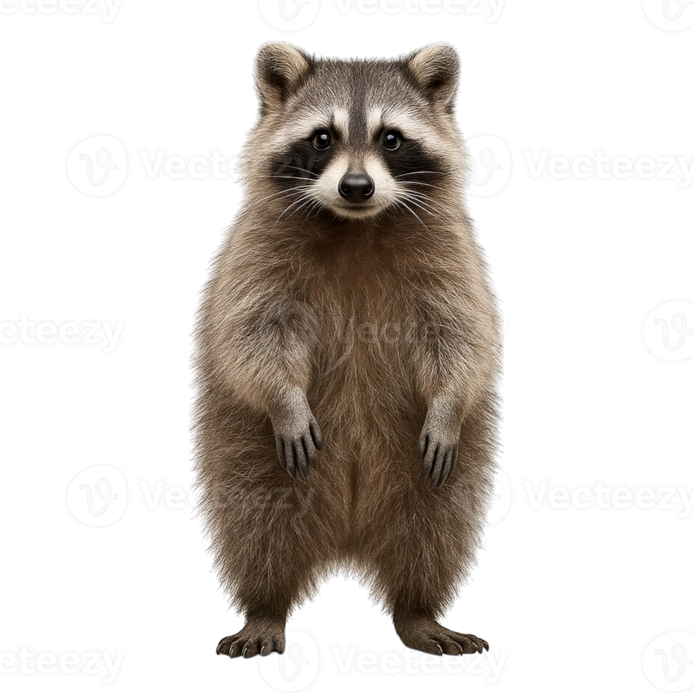 Realistic raccoon standing front view isolated on transparent background, png
