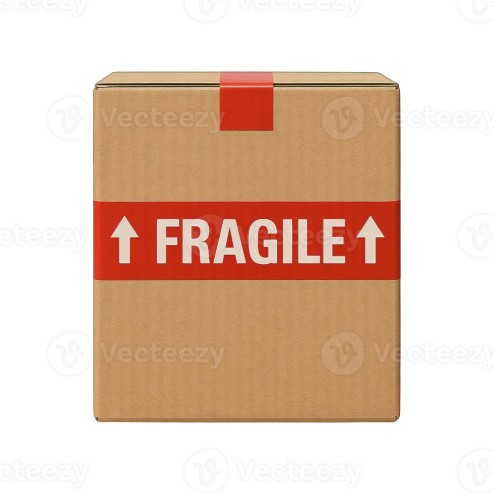 Cardboard box with fragile label front view isolated on transparent background, png
