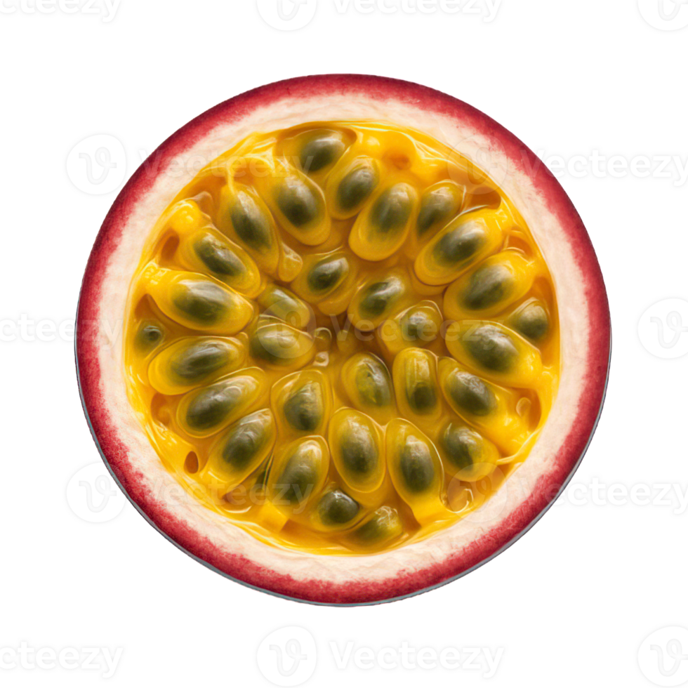 Top View of Fresh Passion Fruit Half Isolated on Transparent Background, png