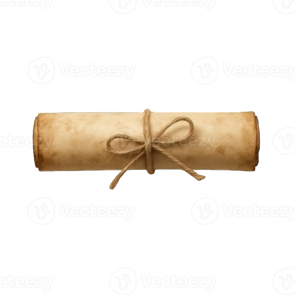 Rolled Ancient Scroll Tied with Rope Isolated on Transparent Background, png