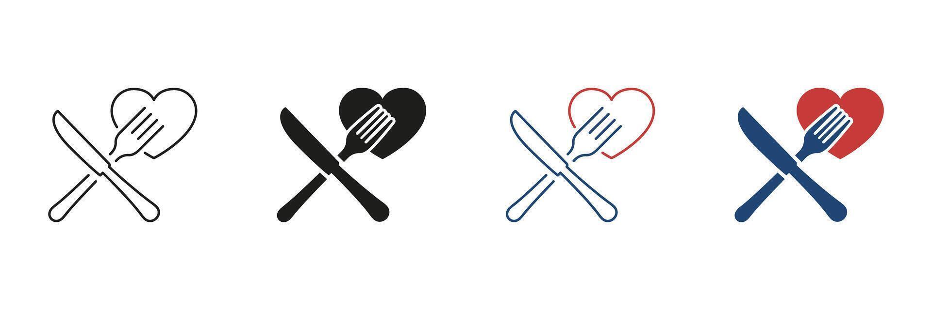 Crossed Fork And Knife Line and Silhouette Icon Set With Heart, Healthy Dining And Nutrition Concept. Healthy Eating And Love Food Icon. Isolated Illustration vector