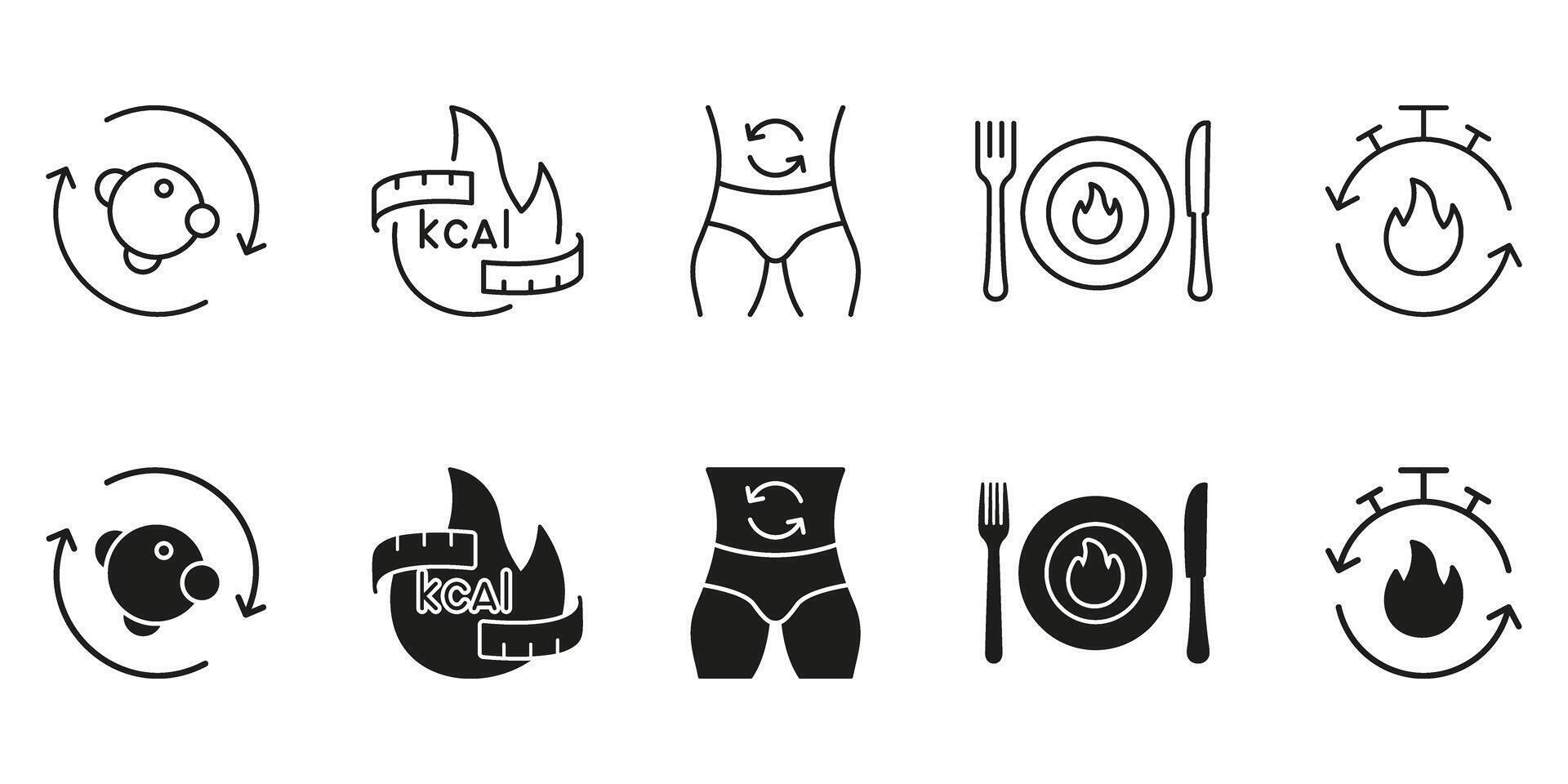 Metabolism, Diet, Exercise, Calorie, and Fitness Line and Solid Icon Set. Nutrition, Weight Loss, and Health Symbol Collection. Isolated Illustration vector