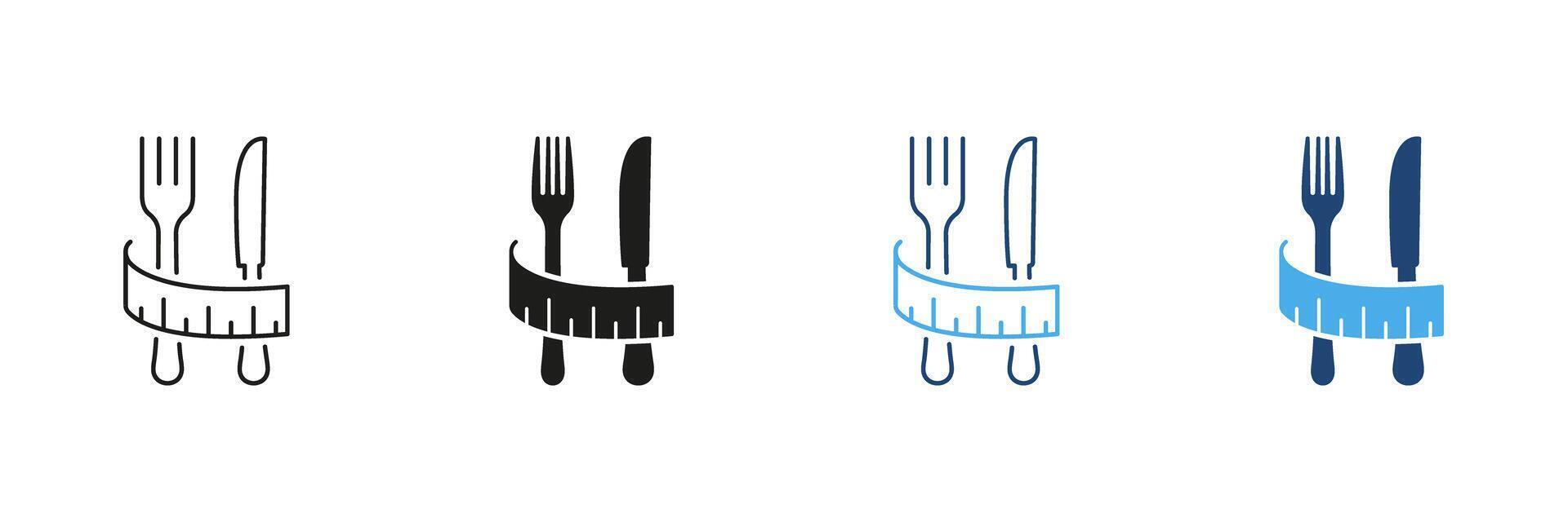 Fork And Knife With Measuring Tape Line and Silhouette Icon Set. Diet And Weight Loss Concept. Fitness And Healthy Eating. Wellness And Nutrition. Isolated Illustration vector