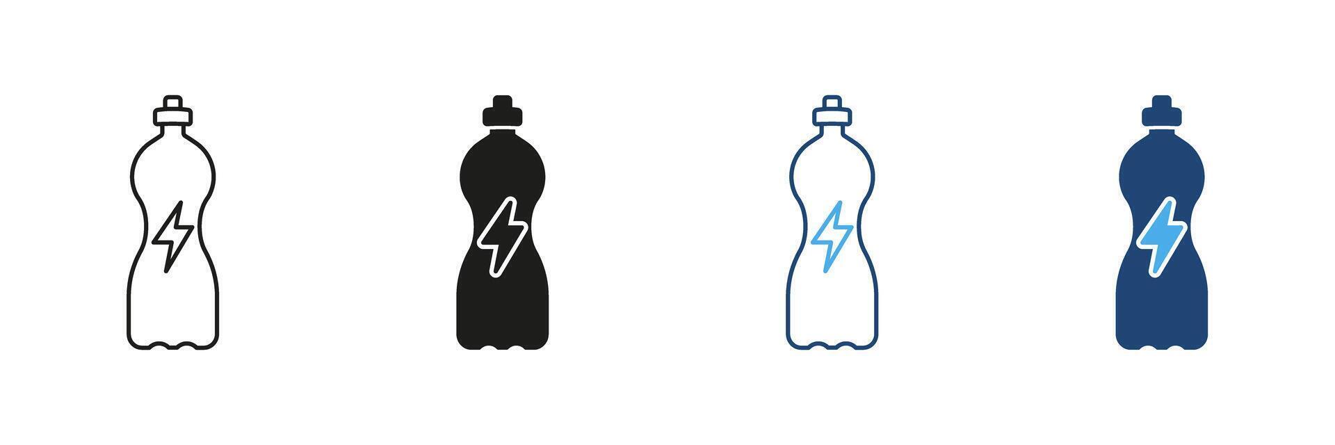 Sports Drink Bottle With Lightning Bolt Line and Silhouette Icon Set. Vitality And Stimulation Outline and Solid Symbol. Refreshment And Power. Editable Stroke. Isolated Illustration vector