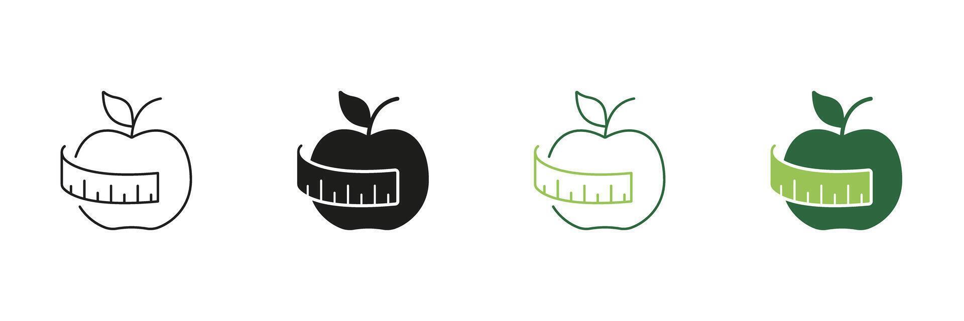 Apple Wrapped With Measuring Tape Line and Silhouette Icon Set. Weight Control And Diet Fitness For Healthy Eating Icon. Editable Stroke. Isolated Illustration vector