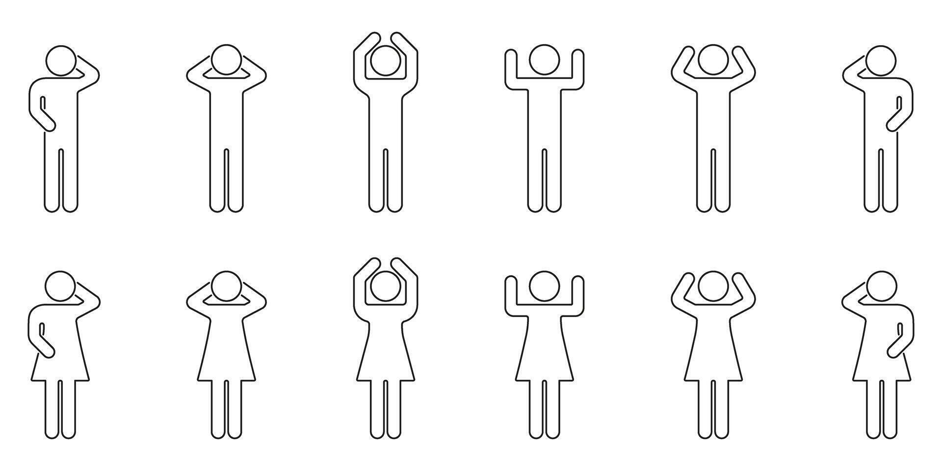 Human Figure Gesture Line Icon Set. Expressive Body Language And Communication Outline Symbol Collection. Various Poses And Emotions. Editable Stroke. Isolated Illustration vector