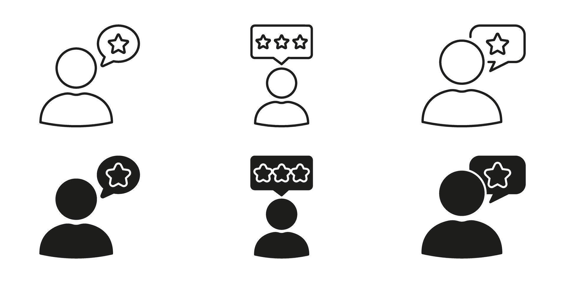 User Feedback And Rating Icons Set. Customer Review And Star Rating Outline And Silhouette Symbol Collection. User Experience And Satisfaction Evaluation. Isolated Illustration vector