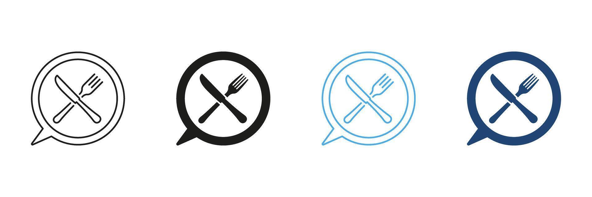 Fork And Knife Line and Silhouette Icon Set Inside Speech Bubble, Dining And Meal Discussions Concept. Conversations About Culinary And Nutrition Design. Isolated Illustration vector