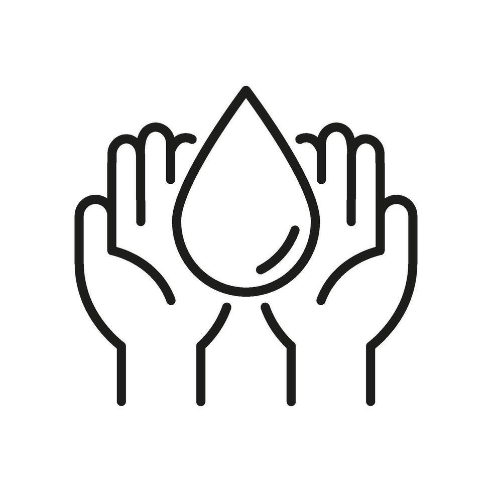 Hands Holding Water Drop Line Icon. Water Conservation And Environmental Protection Outline Symbol. Sustainability And Resource Management. Editable Stroke. Isolated Illustration vector