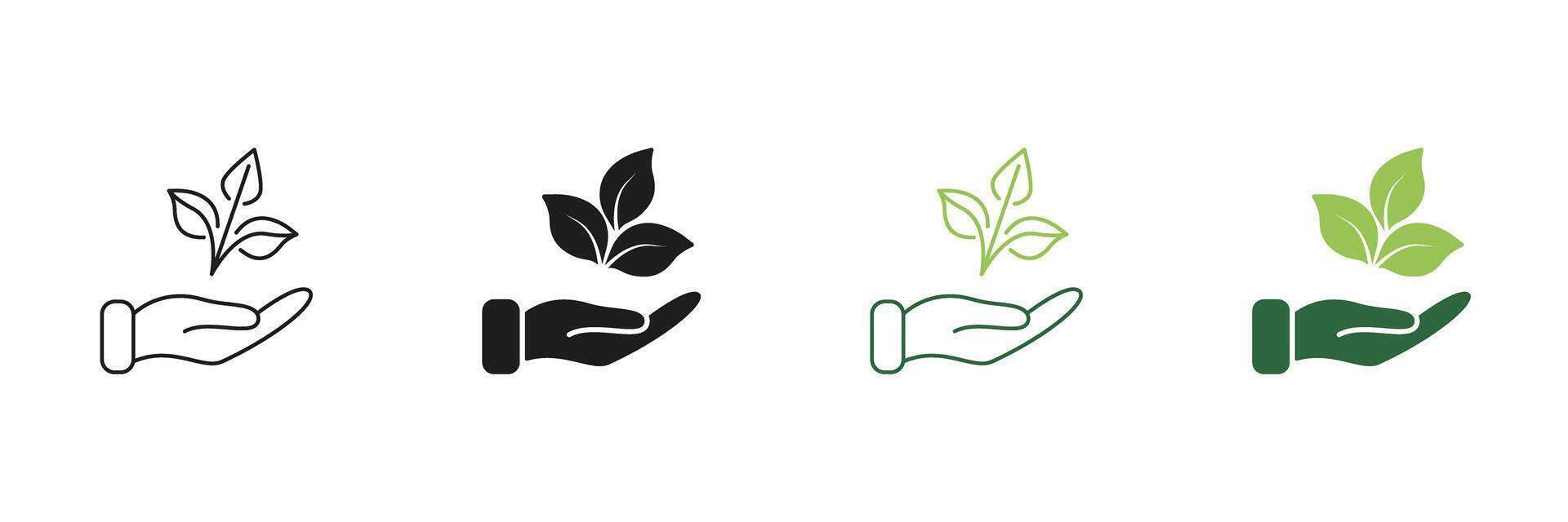 Hand Holding Plant Line and Silhouette Icon Set. Vegan Plant-Based Diet And Healthy Food Concept. Editable Stroke. Isolated Illustration vector