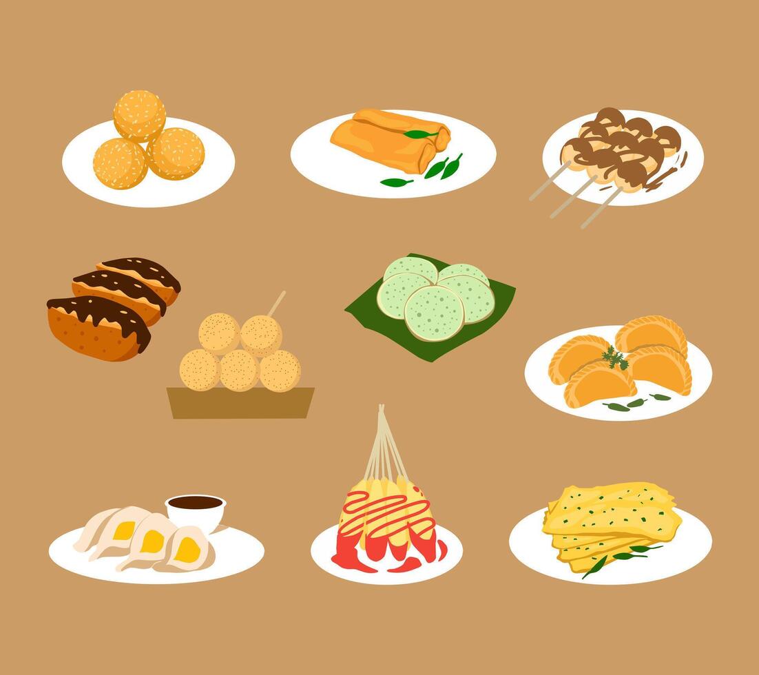 A vibrant illustration set of popular Indonesian street festival foods, including satay, and fried snacks, perfect for culinary and cultural visuals. vector