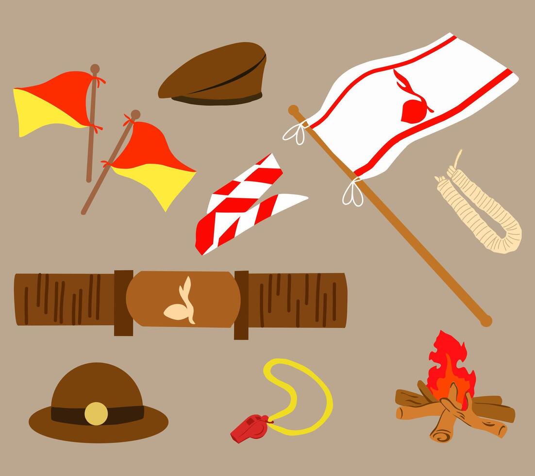 A detailed illustration set featuring various scout uniform and accessories. Ideal for educational materials, scouting events, and character design. vector
