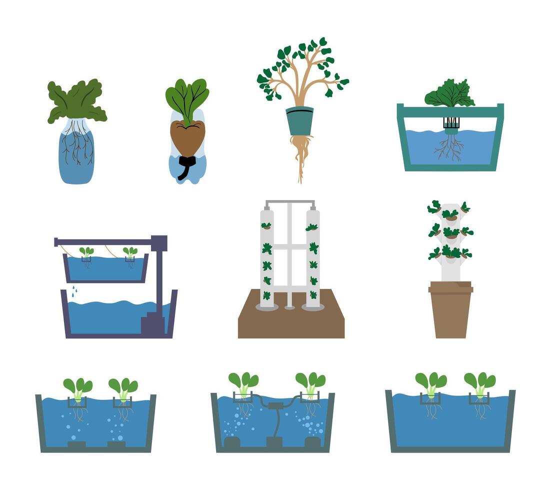 A simple illustration set of hydroponic system plantations, showcasing various setups like NFT, drip systems, and vertical farming, ideal for agricultural, educational, and eco friendly design vector