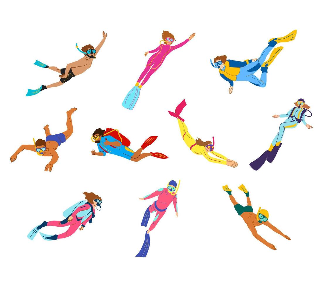 A dynamic illustration set of diving characters in various poses, equipped with snorkels, wetsuits, fins, and oxygen tanks for underwater activity themes, marine sports designs, and adventure visuals. vector
