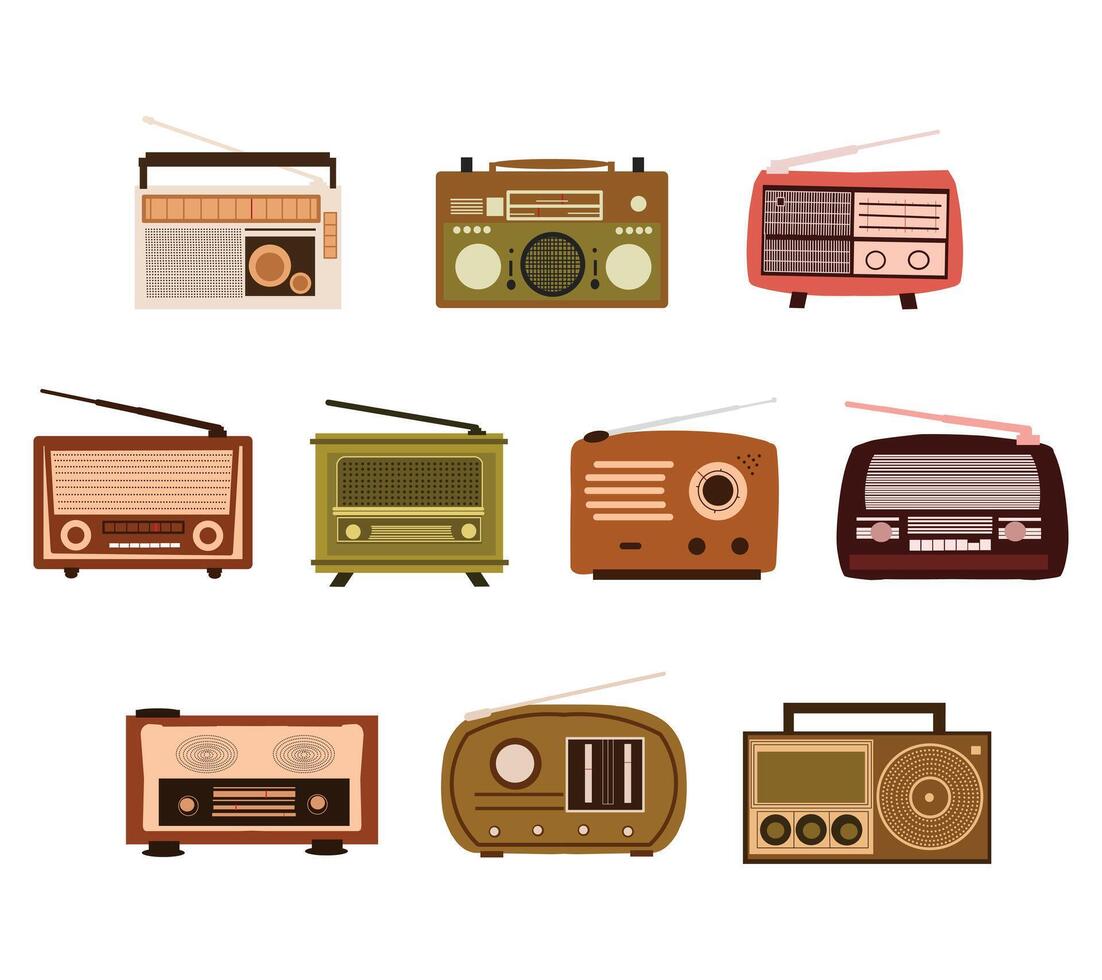 A nostalgic collection of old style radio illustrations in various classic designs, for music history visuals, retro themed designs, antique collections, and media artwork. vector