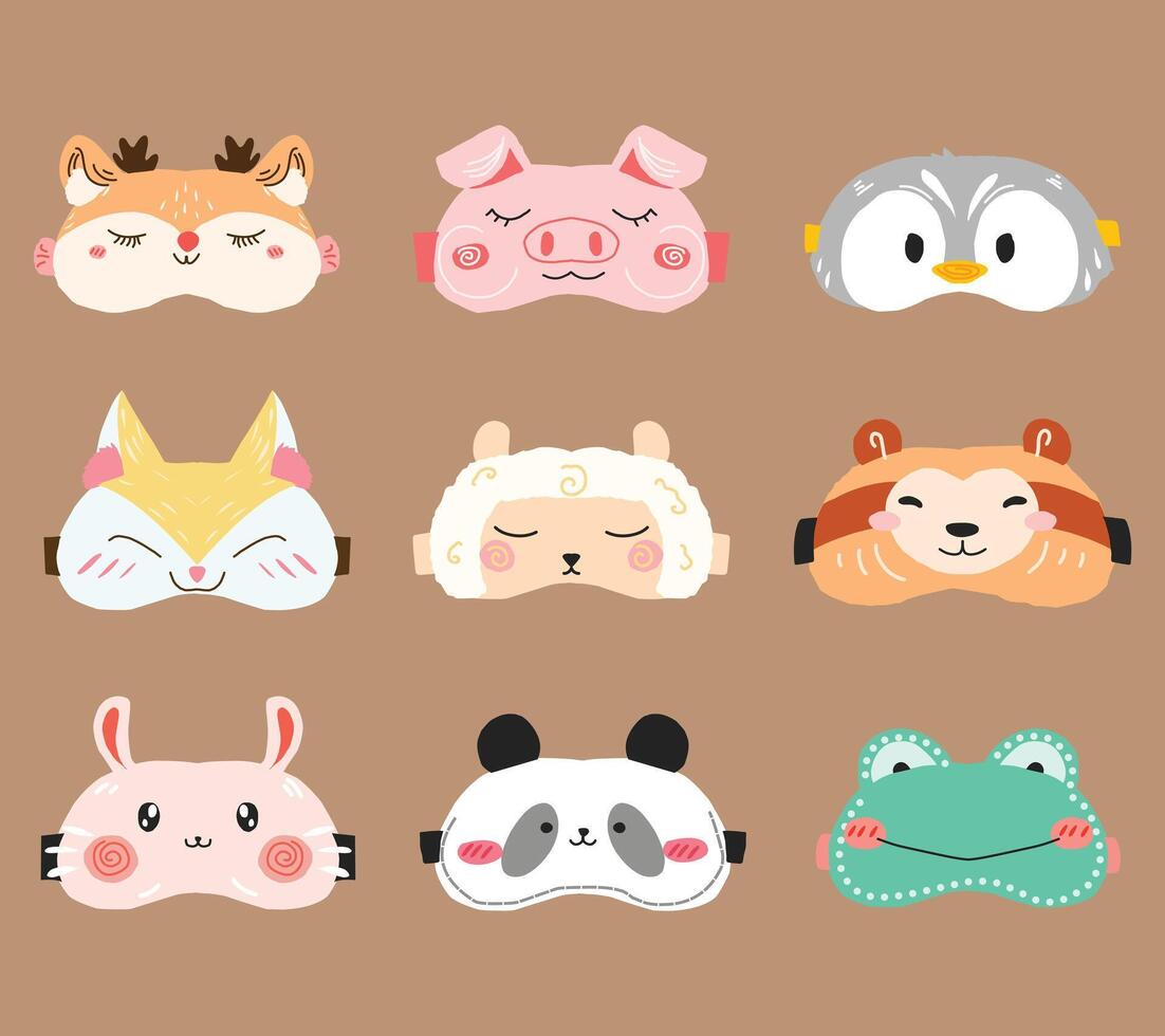 A delightful set of sleep eyemasks designed in the shape of various adorable animals for bedtime themed designs, kids products, spa graphics, and cozy merchandise. vector