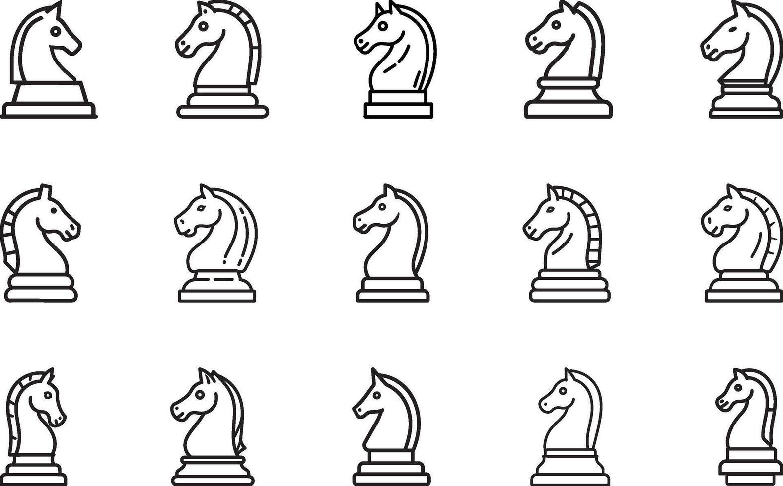 A set of various black and white minimalist chess knight icons with unique styles and designs, suitable for strategic, educational, or creative purposes. An editable stroke vector