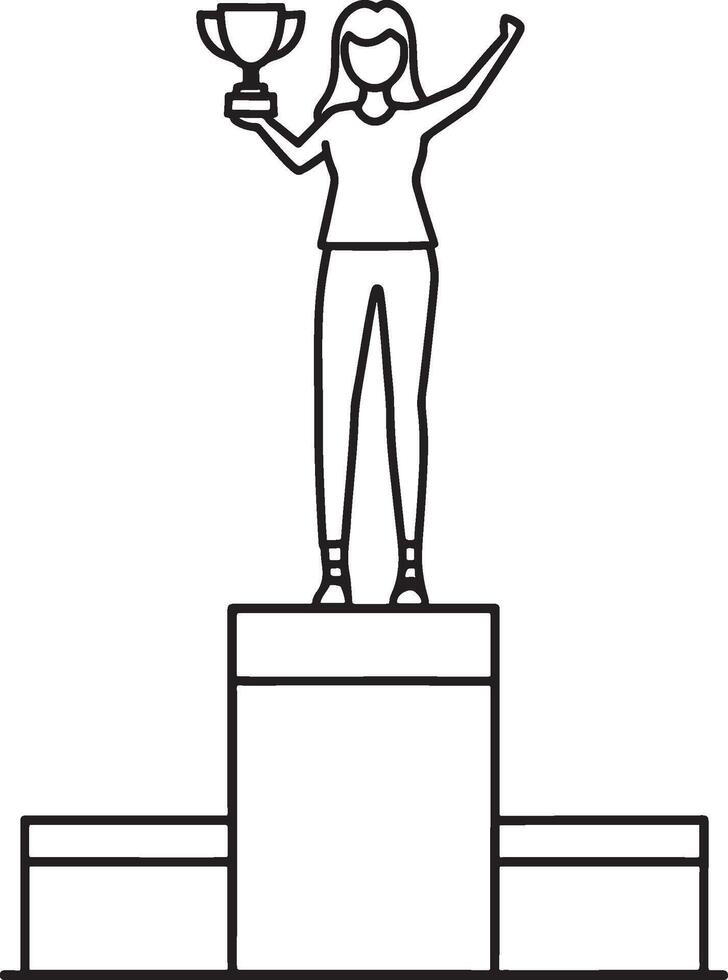 Illustration of a woman holding a trophy while standing on a podium, symbolizing excellence, victory, and achievement. This minimalistic line art conveys triumph and success vector