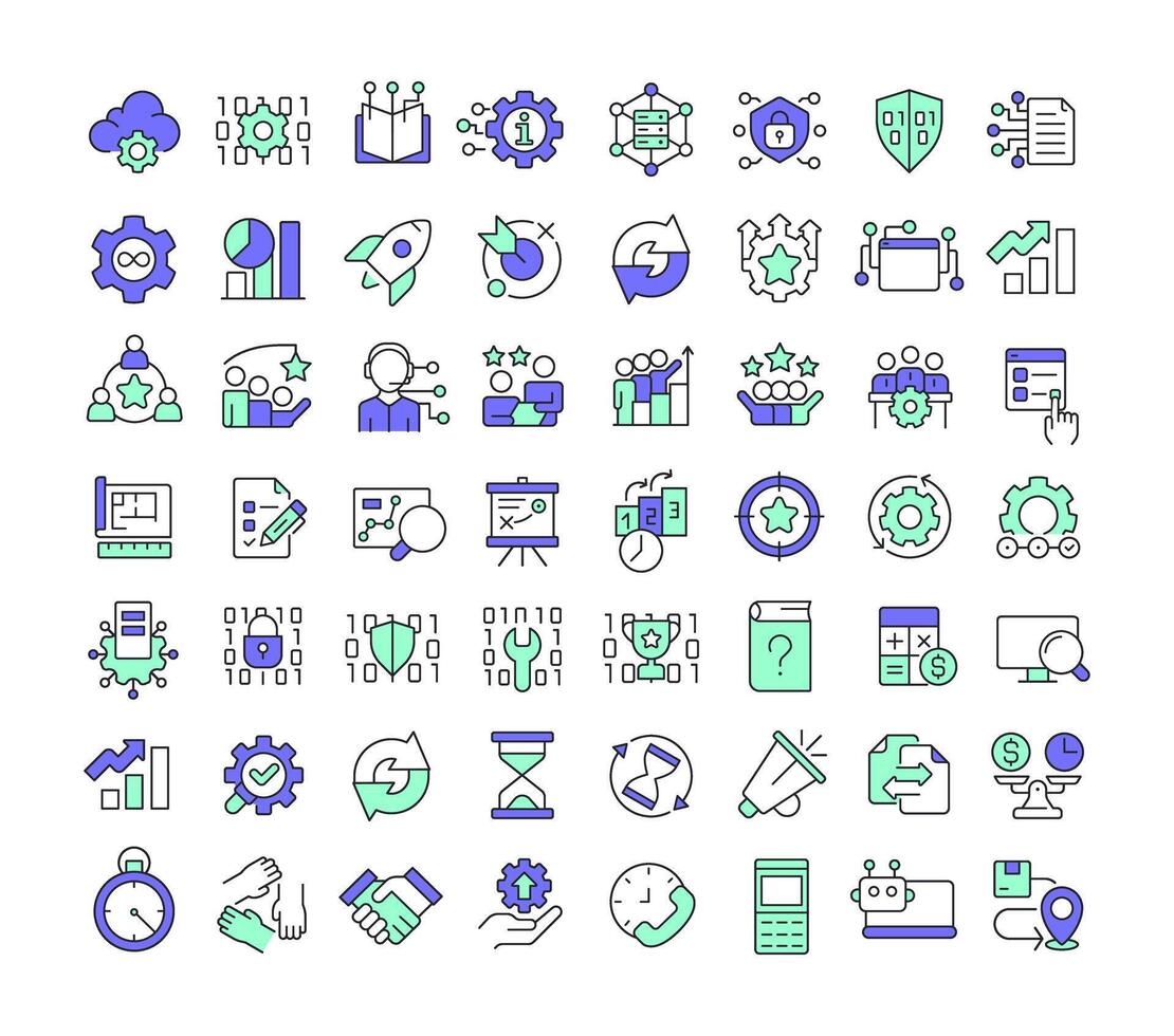 ITIL and ITSM line color icons set. Cloud technology, databases. Workflow organization, teamwork. Customer experience. illustrations. Simple flat colorful symbols collection. Editable stroke vector