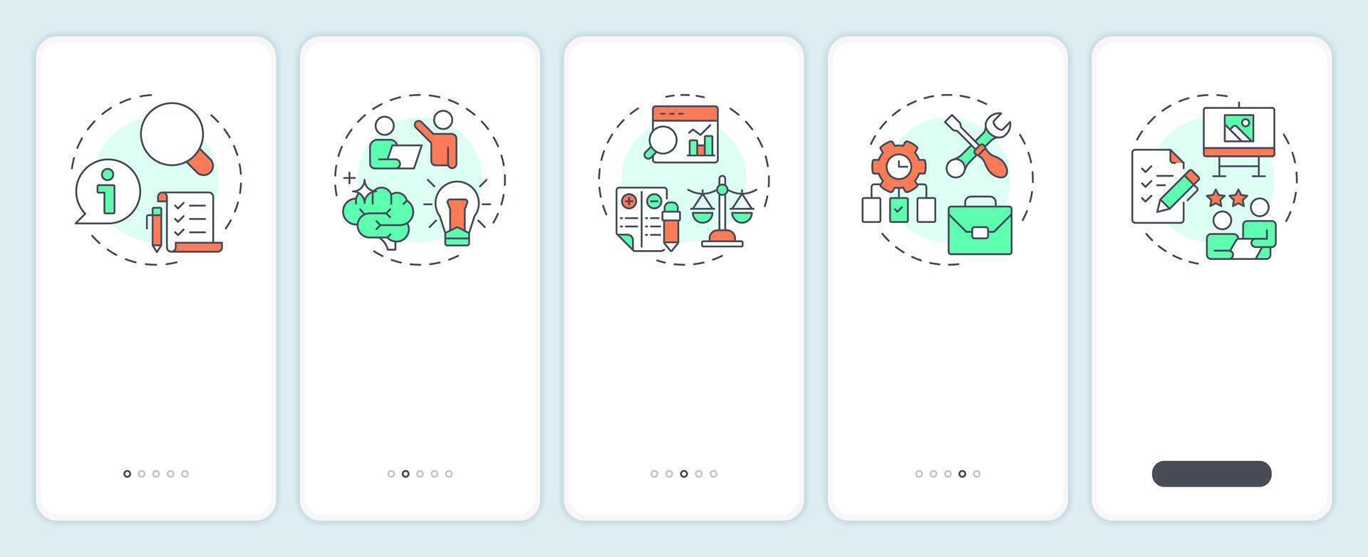 Value engineering steps onboarding mobile app screen. Project management. Walkthrough 5 steps editable graphic instructions with linear concepts. UI, UX, GUI vector