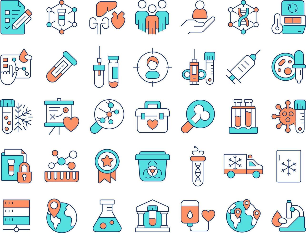 Biobanking line color icons set. Medical storage of bio specimens for research. Scientific examination of samples. illustrations. Simple flat colorful symbols collection. Editable stroke vector