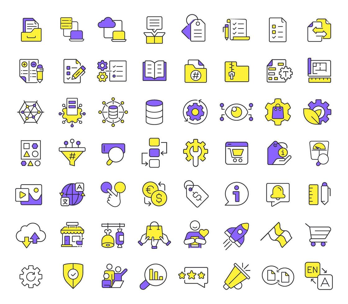 Product information management line color icons set. Data required for goods selling. Distribution channels. illustrations. Simple flat colorful symbols collection. Editable stroke vector