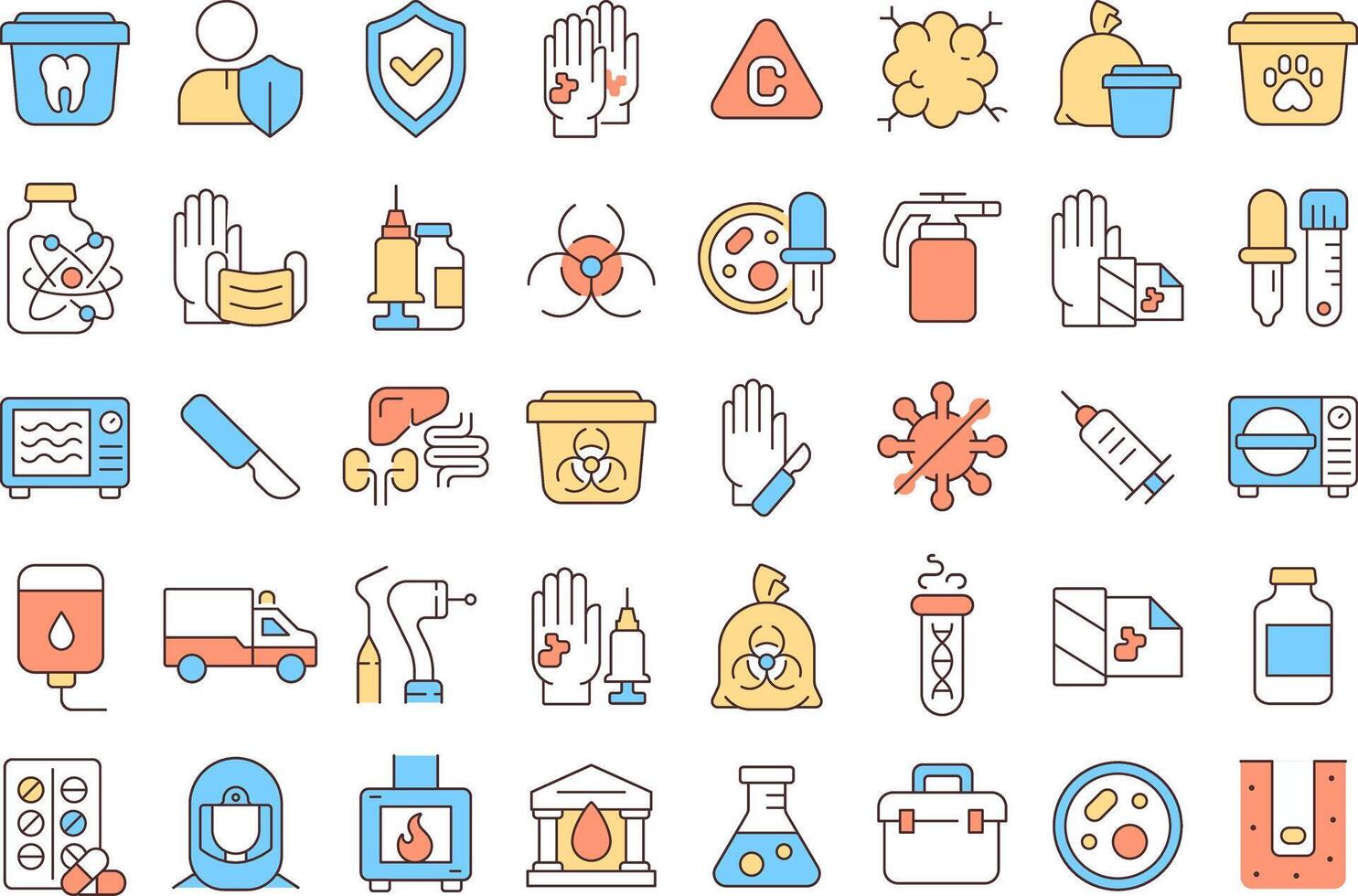 Biomedical waste management line color icons set. Infectious, disease. Disinfection methods. Laboratory equipment. illustrations. Simple flat colorful symbols collection. Editable stroke vector