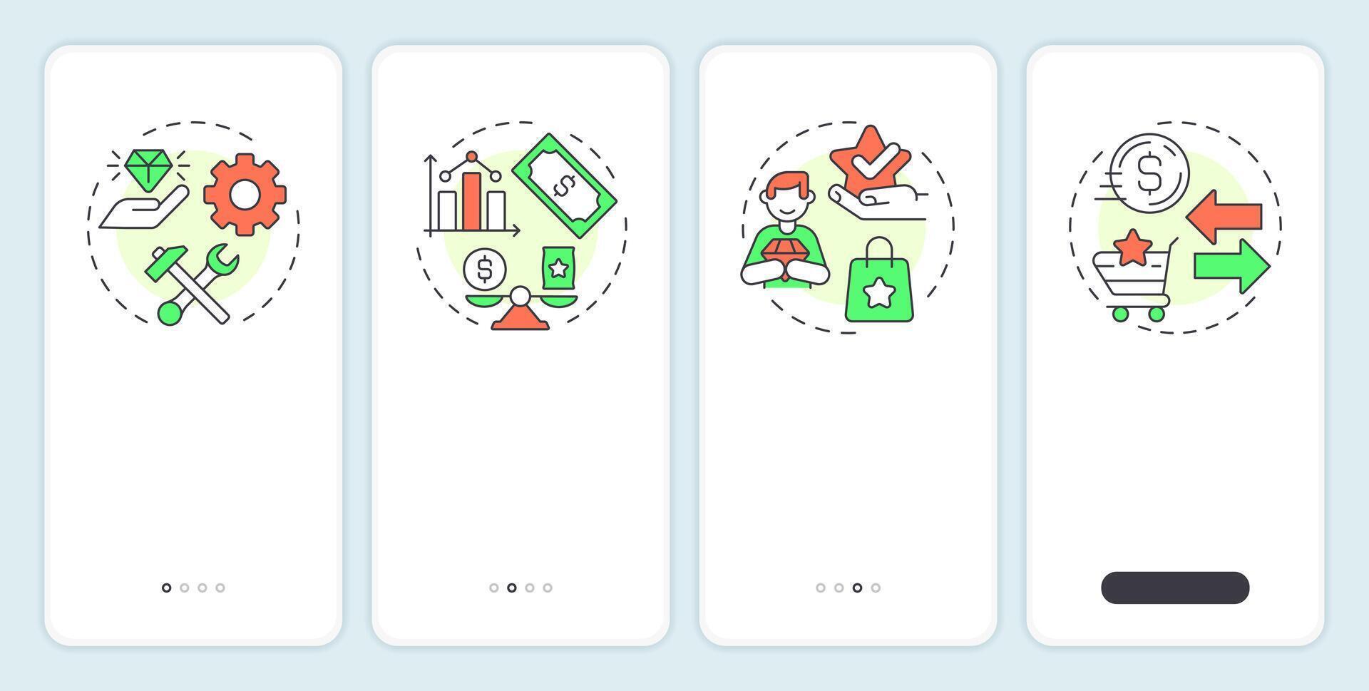 Product value types onboarding mobile app screen. Customer experience. Walkthrough 5 steps editable graphic instructions with linear concepts. UI, UX, GUI vector