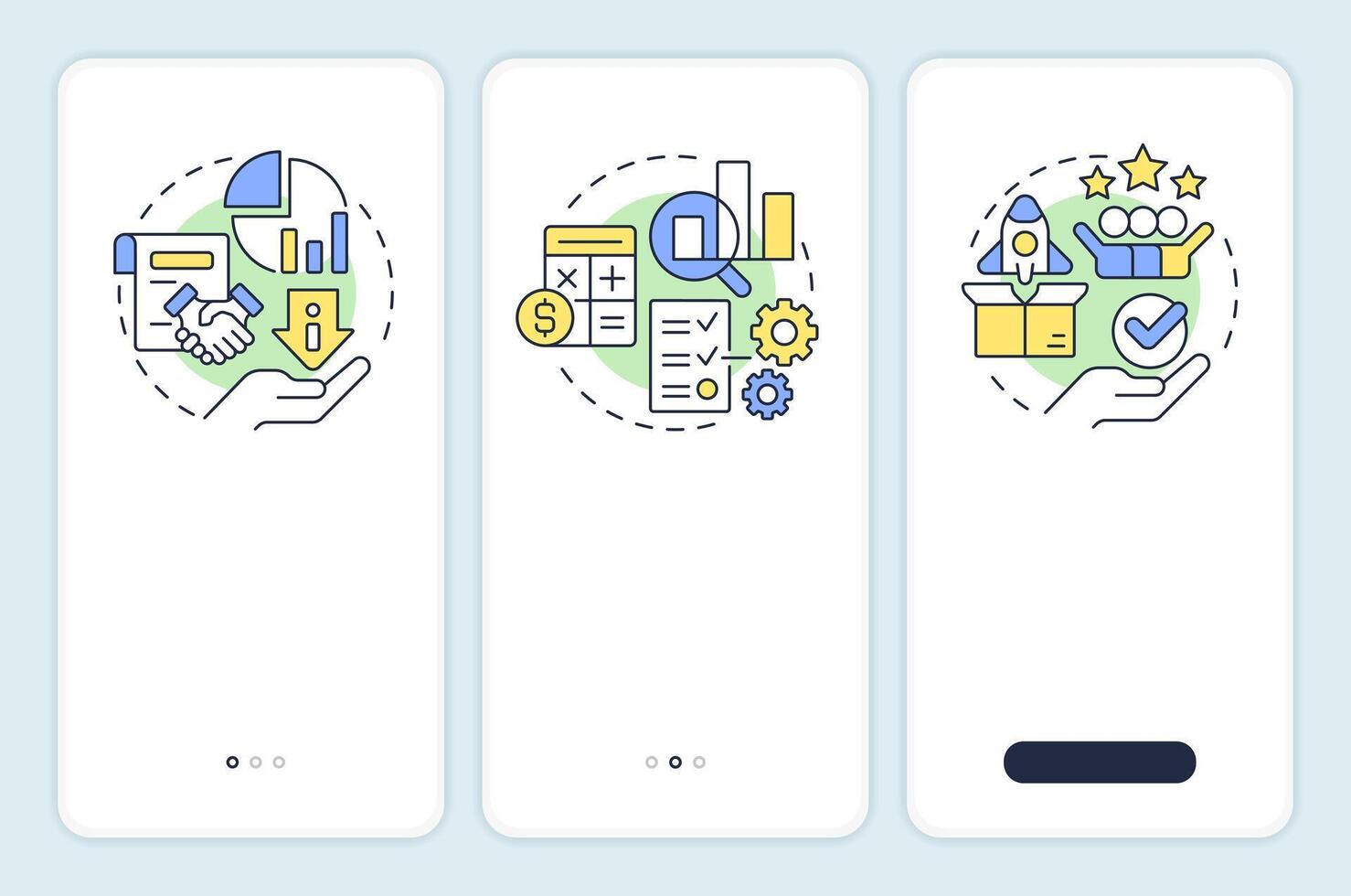 Workflow components onboarding mobile app screen. Customer experience. Walkthrough 3 steps editable graphic instructions with linear concepts. UI, UX, GUI vector