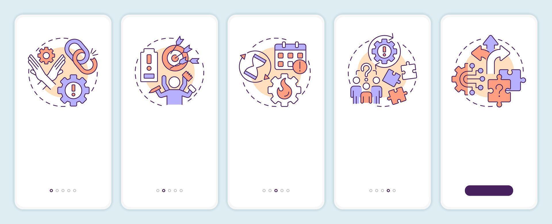 Workflow obstacles onboarding mobile app screen. Teamwork organization. Walkthrough 5 steps editable graphic instructions with linear concepts. UI, UX, GUI vector