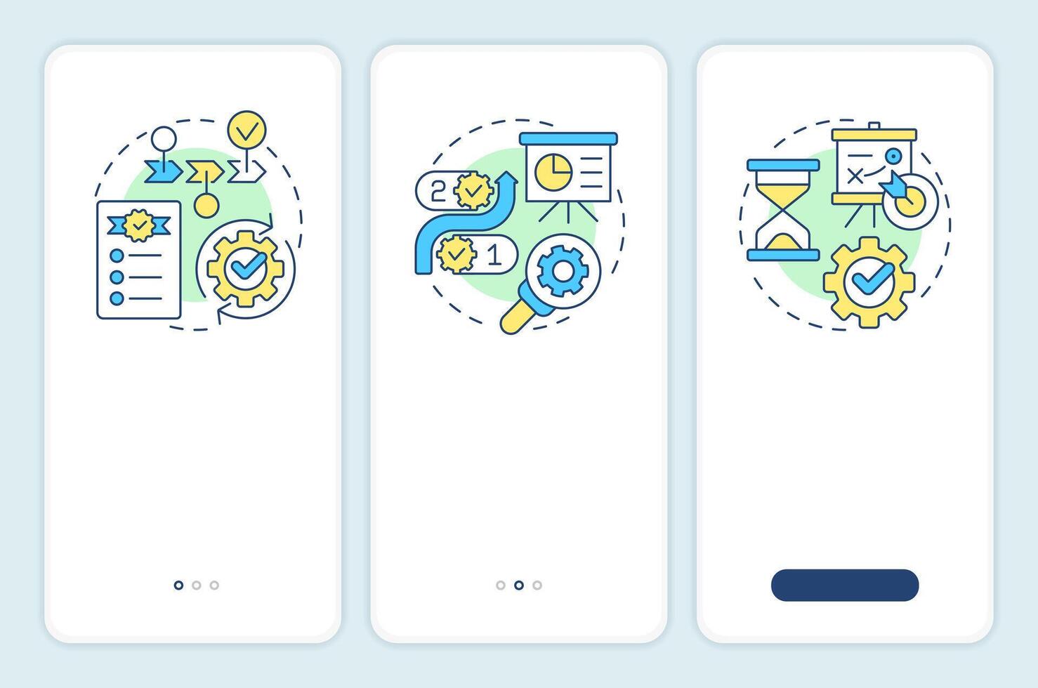 Workflow types onboarding mobile app screen. Process management. Walkthrough 3 steps editable graphic instructions with linear concepts. UI, UX, GUI vector