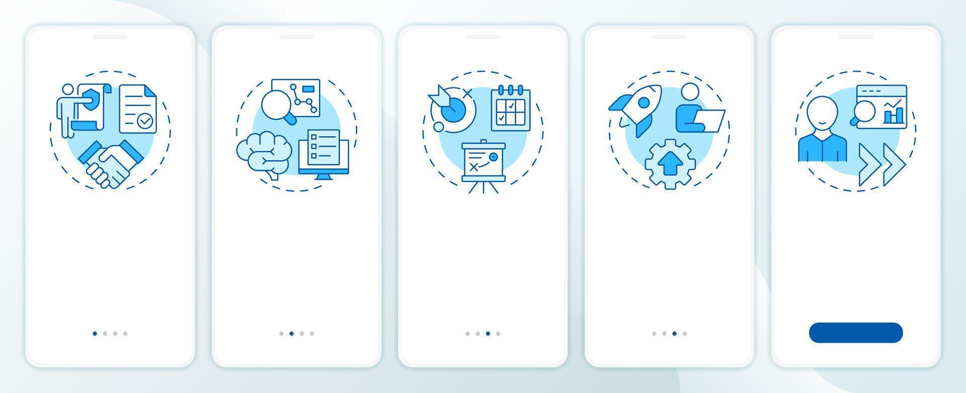 Consulting process blue onboarding mobile app screen. Business strategy. Walkthrough 5 steps editable graphic instructions with linear concepts. UI, UX, GUI vector