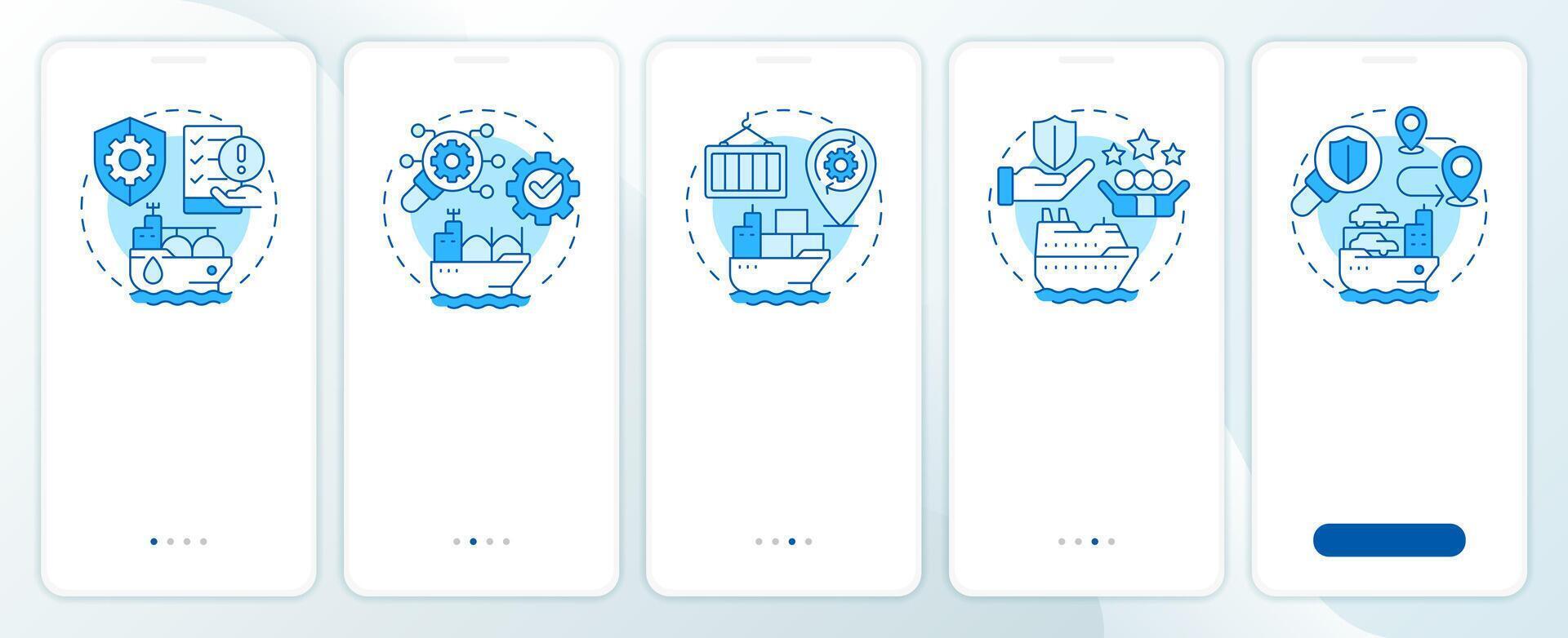 Ship type management solutions blue onboarding mobile app screen. Walkthrough 5 steps editable graphic instructions with linear concepts. UI, UX, GUI vector