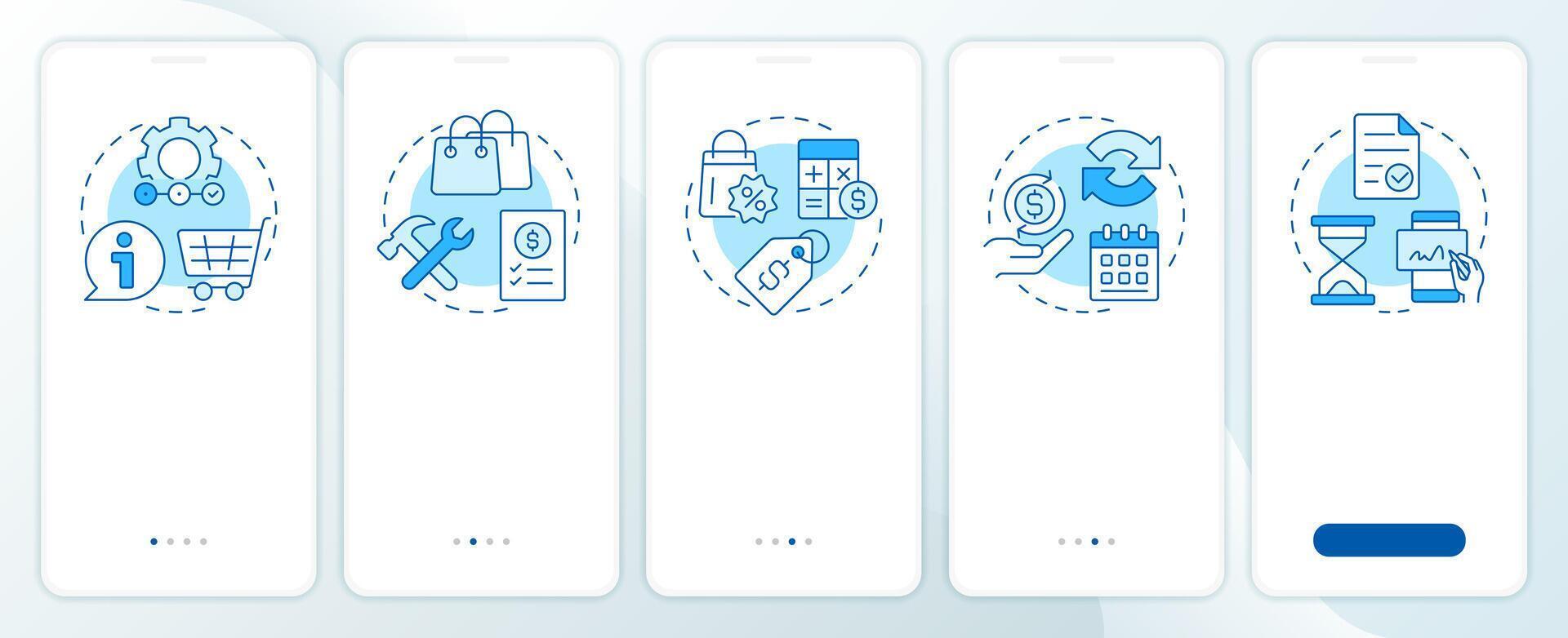 CPQ functionality blue onboarding mobile app screen. Pricing strategy. Walkthrough 5 steps editable graphic instructions with linear concepts. UI, UX, GUI vector