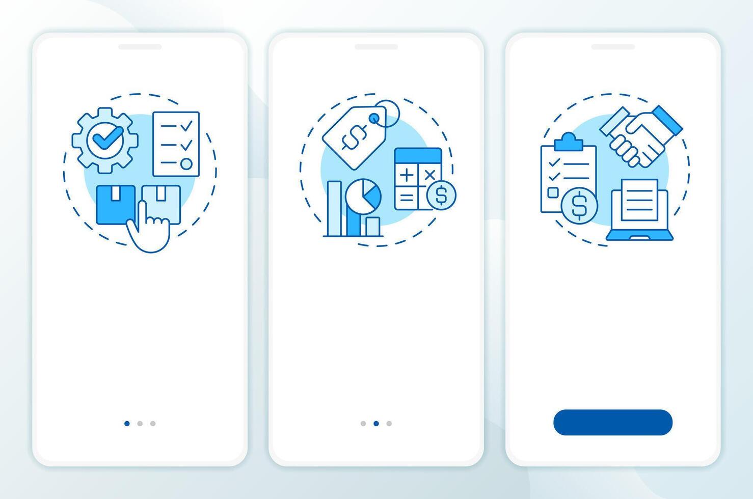 Sales process management blue onboarding mobile app screen. Walkthrough 3 steps editable graphic instructions with linear concepts. UI, UX, GUI vector