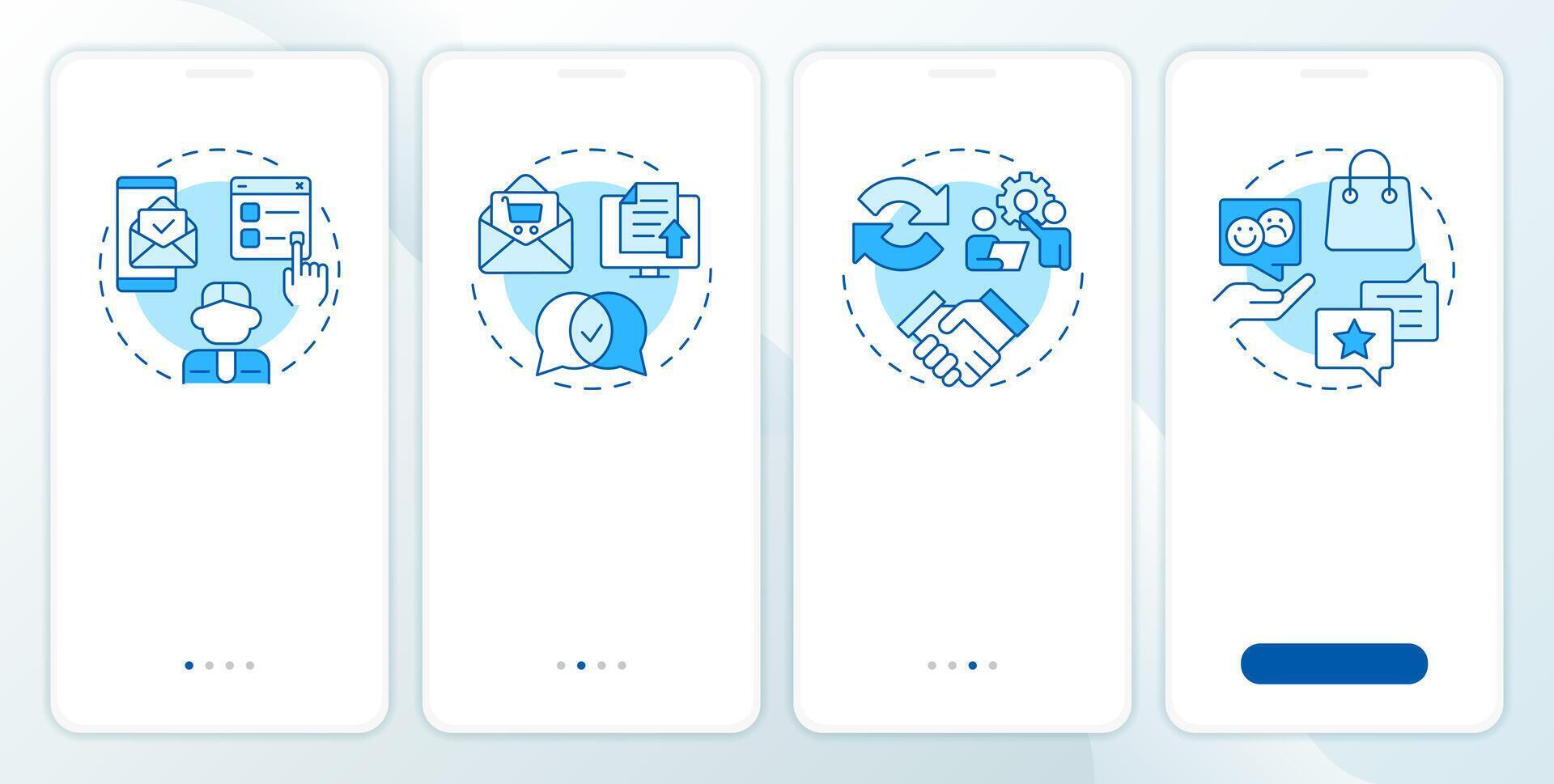 Quotation management steps blue onboarding mobile app screen. Walkthrough 4 steps editable graphic instructions with linear concepts. UI, UX, GUI vector