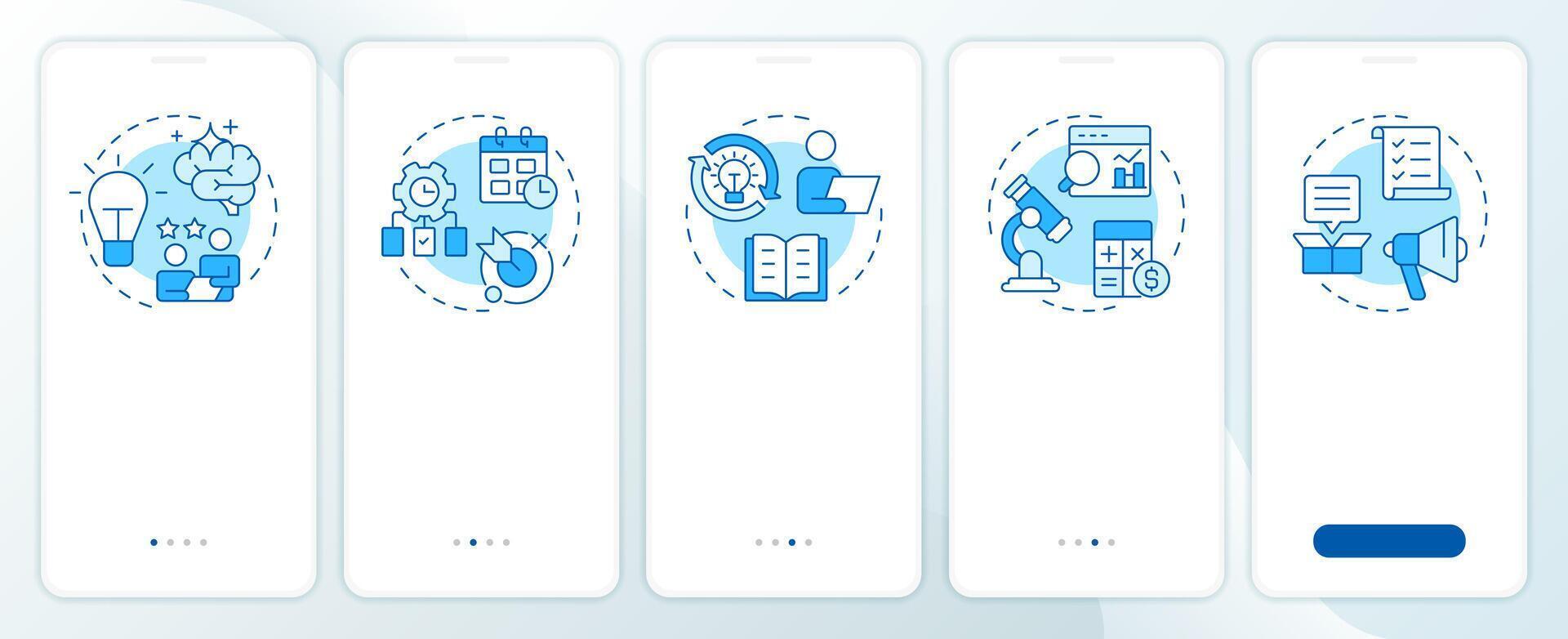Key consultant competencies blue onboarding mobile app screen. Walkthrough 5 steps editable graphic instructions with linear concepts. UI, UX, GUI vector