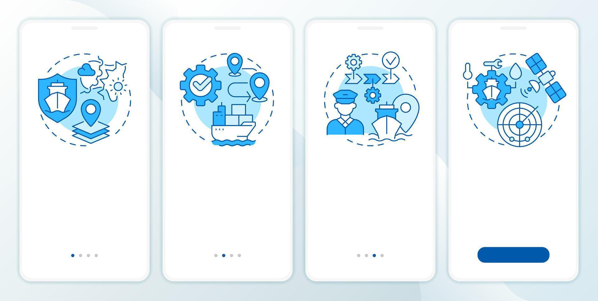 Stages of passage planning blue onboarding mobile app screen. Shipping. Walkthrough 4 steps editable graphic instructions with linear concepts. UI, UX, GUI vector