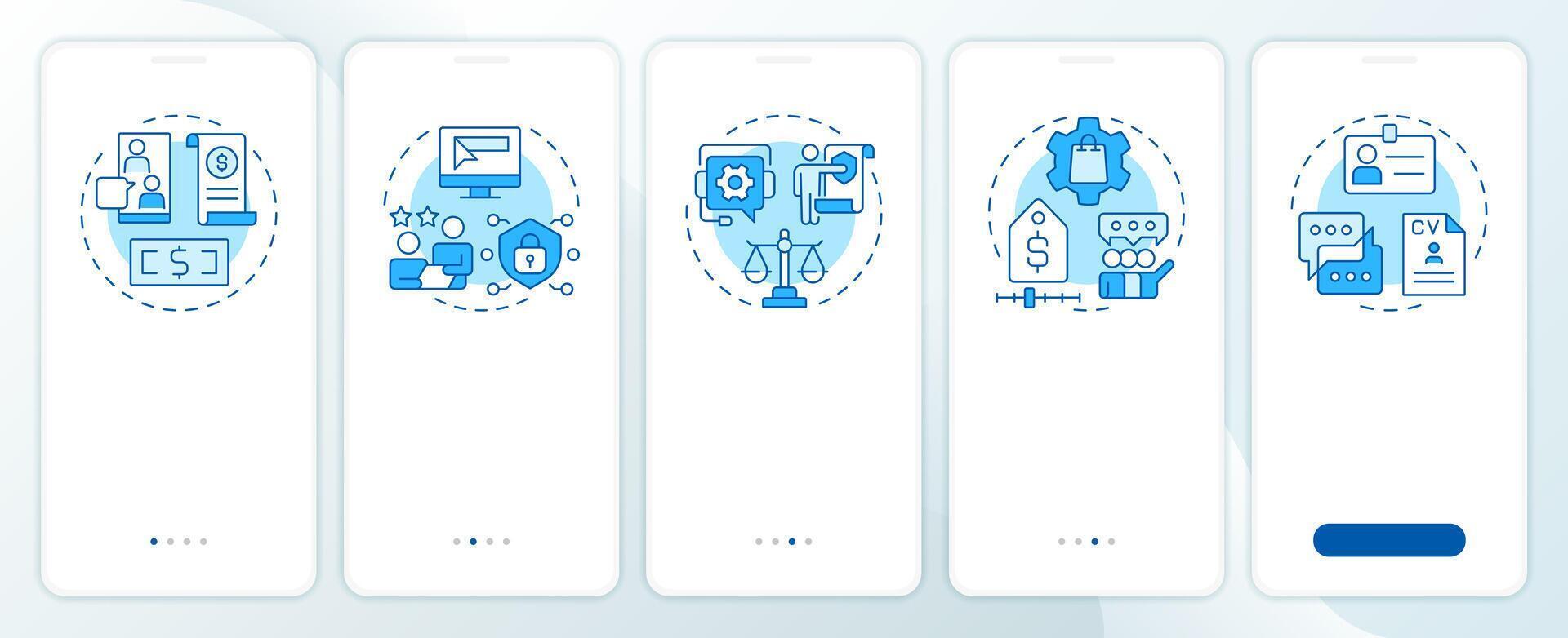 Consulting services blue onboarding mobile app screen. IT infrastructure. Walkthrough 5 steps editable graphic instructions with linear concepts. UI, UX, GUI vector