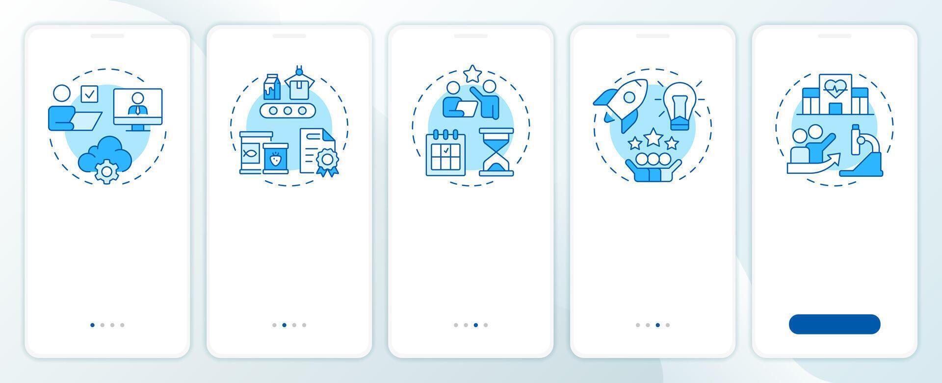 Business incubator types blue onboarding mobile app screen. Walkthrough 5 steps editable graphic instructions with linear concepts. UI, UX, GUI vector