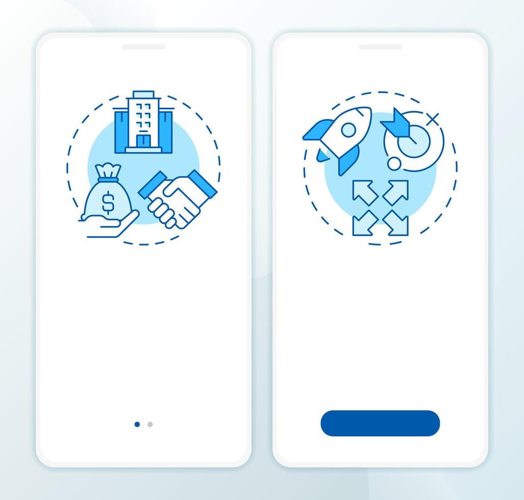 Startup growth organizations blue onboarding mobile app screen. Walkthrough 2 steps editable graphic instructions with linear concepts. UI, UX, GUI vector